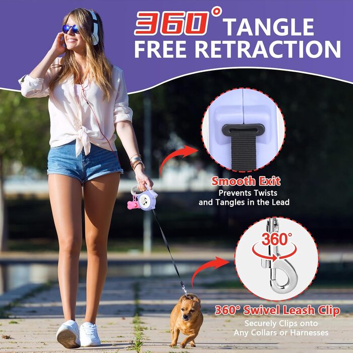 Висувна собача повідка з LED-підсвіткою, 5 м, з пакетиками для збору екскрементів, для собак малого та середнього розміру до 25 кг, система гальма та фіксації, ергономічна ручка (фіолетовий)