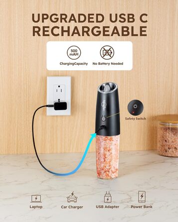 Електричний набір для солі та перцю Sangcon Gravity, 255г, USB-зарядка, LED-підсвітка, регулювання помелу, автоматичний млин (чорний)