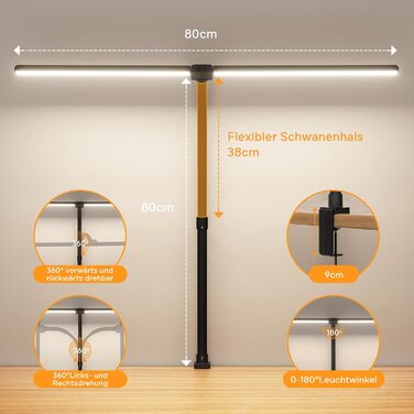 APMIEK LED Desk Lamp with Adjustable Gooseneck - 24W, 80cm, Dimmable, Eye-Protection, Clamp-On, Daylight Task Lamp for Office & Home