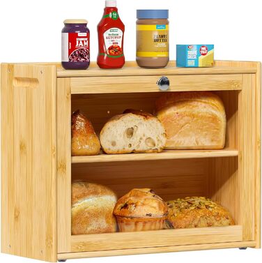 Бредониця з бамбука з вентиляцією, 2 полиці та великим оглядовим вікном, дерев'яний контейнер для хліба, безпечний для харчових продуктів, легкий у догляді, 40x31x17.5 см (EX-MBX01-2C-YUAN)