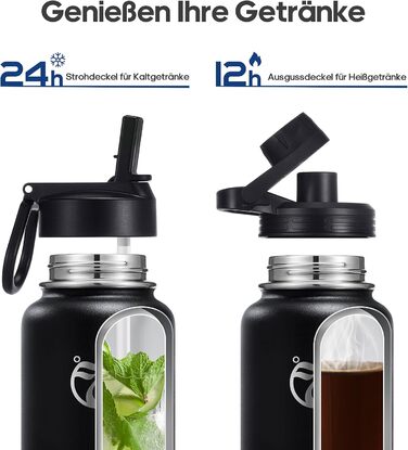 Термофляга HydroPal 1.2л (1200 мл) нержавіюча сталь, BPA-free, чорна - для спорту, подорожей, кемпінгу з соломинкою та двома кришками