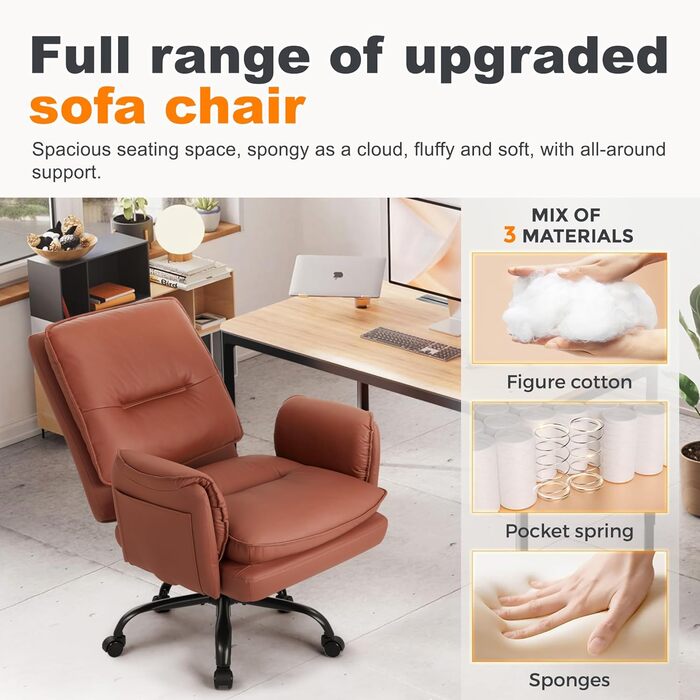 Офісний крісло IWMH з PU шкіри, ергономічний, регульований, з підлокітниками та реклінером 90-135° (колір: коричневий)