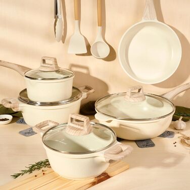 JUST PERFECTO Induction Cookware Set - Frying Pan Set with Lid - Frying Pan 24cm, Frying Pan 28 cm - Cookware Set 28cm Non-Stick Pan without PTFE and PFOA (14-Piece Beige)