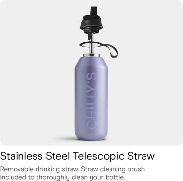 Chilly's Series 2 Flip Bottle - Thermos Flask with Sport Cap, Telescopic Straw and Nylon Carry Loop - Stainless Steel Bottle with Easy Flip Opening, Includes Straw Cleaning Brush (Lavender, 500 ml)