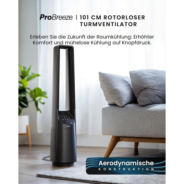 Вентилятор Pro Breeze 101см з ротором, Smart Home, Wi-Fi, LED дисплей, 6 швидкостей, тихий, 5 режимів, осциляція 60°, таймер 7год, чорний