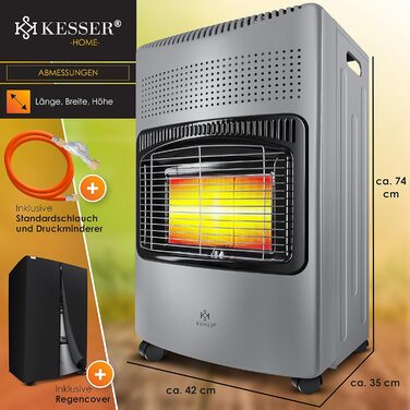 Газовий обігрівач KESSER® 4200W з керамічним пальником, регулятором тиску газу, шлангом та захисним чохлом. Підходить для балонів бутан/пропан до 15 кг.