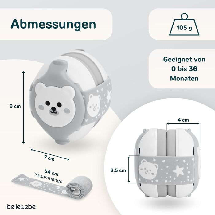 Навушники для захисту від шуму для немовлят BELLEBEBE 0-36 місяців - гіпоалергенні, BPA-free, сертифікація EN352-1, RoHS, CPC, регульоване наголов'я та сумка