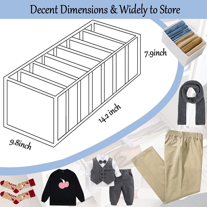 6-Piece Closet Organizer Boxes Organization System Pants Closet Foldable Stackable Drawer Inserts for Closets Jeans Shirts Clothing, 36 x 24 x 20 cm | 7 compartments | Grey