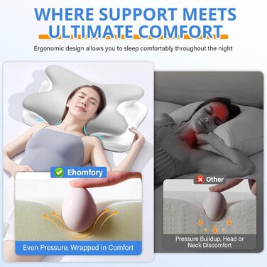 Подушка для шиї Ehomfory з Memory Foam, ергономічна для сну на боці, спині та животі, 67x37x9/12 см (Срібляста)