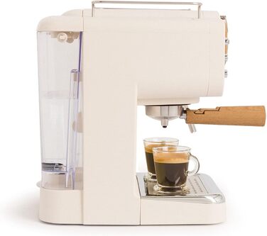 CREATE / THERA MATT RETRO/Espressomaschine Cremeweiß Matt und Holz/Semi-Automatic, with a 15 bar pump and 1100W, 1.25L water tank, for ground coffee, 55 mm. ESE-Pads