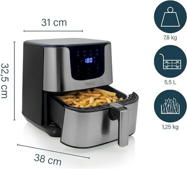 Аерофритюрниця Princess XXL 5,5 л, цифрова, 8 програм, нержавіюча сталь, без олії, енергозберігаюча, срібляста