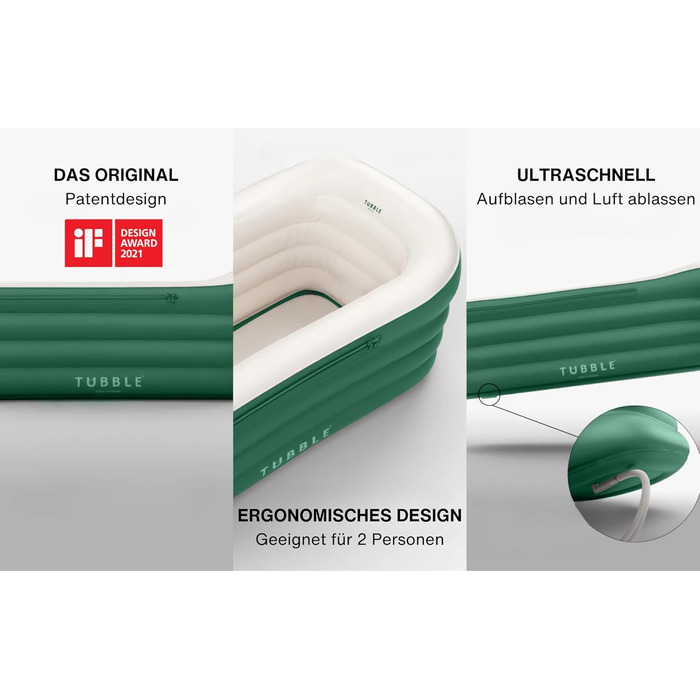 Надувна ванна Tubble® Royale 255 літрів - складана ванна для дорослих, 188 см, швидкий монтаж, для дому та вулиці, домашнє спа, крижана ванна (255 л, Emerald Green)