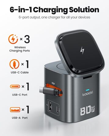 Зарядний пристрій Toocki 80W GaN з USB-C та USB-A, 6 портів, з вбудованим кабелем та MagSafe для MacBook, iPhone 17 Pro Max, Galaxy S24 та інших пристроїв