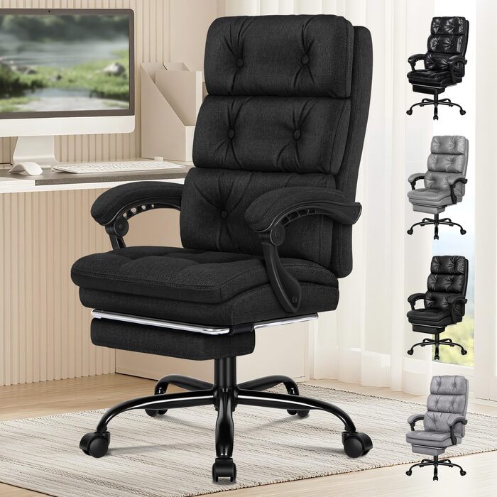 Офісне крісло ALFORDSON з регулюванням нахилу 150°, обертання 360° та підставкою для ніг. PU-шкіра, глянцево-чорний колір (Palmer - Льняний Чорний)