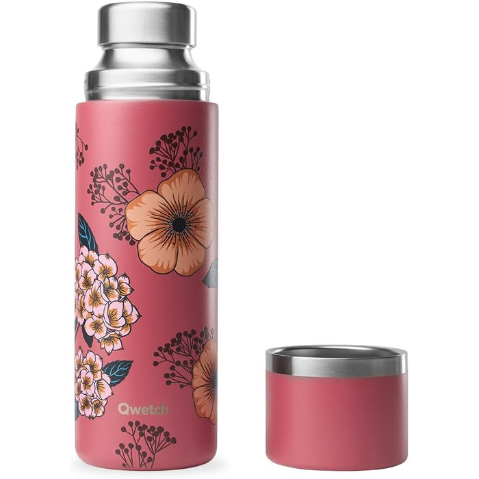 Qwetch Stainless Steel Thermos Flask 750ml - Insulated Water Bottle & Coffee Thermos with Recycled Stainless Steel Cup - 24h Cold & 12h Hot - Leakproof, BPA-Free, Perfect for Coffee & Tea - Brushed Stainless Steel (750 ml, Anemone Design)