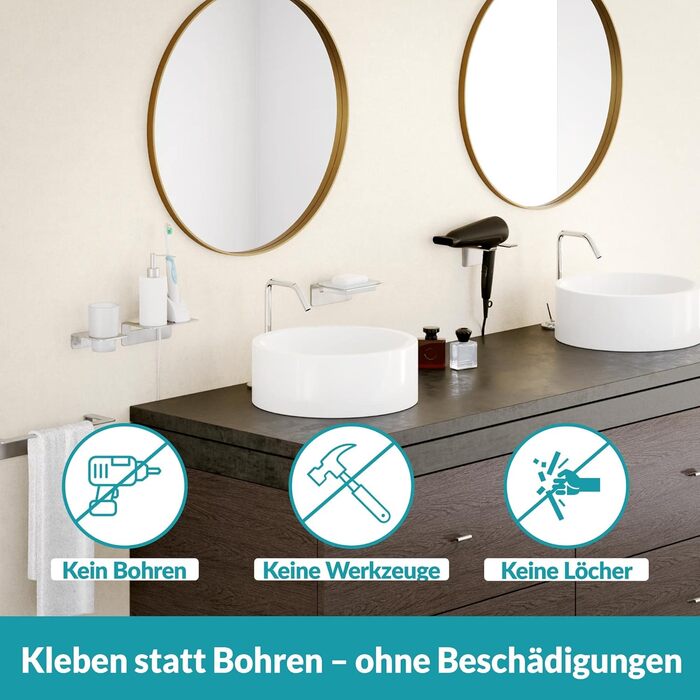 WEISSENSTEIN Toothbrush Holder without Drilling | Cup and Toothbrush Holder to Glue to the Wall | Stainless Steel Holder and White Glass | in Silver