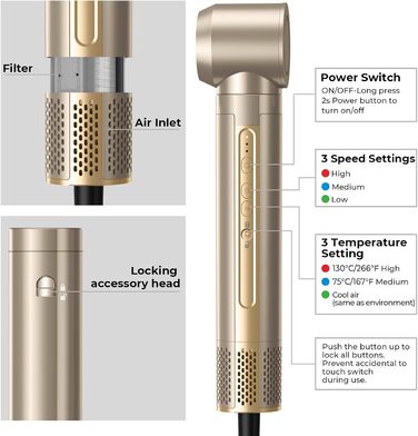 Набір для укладки волосся 6 в 1: стайлер, фен-щітка, плойка, термощітка, випрямляч, 110000 об/хв, для всіх типів волосся, золото