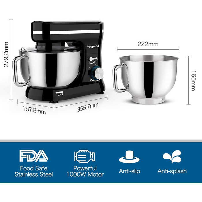 Планетарний міксер-тістоміс Vospeed, 5QT, 8 швидкостей, з чашею з нержавіючої сталі та набором насадок (гак, вінчик, міксер), чорний
