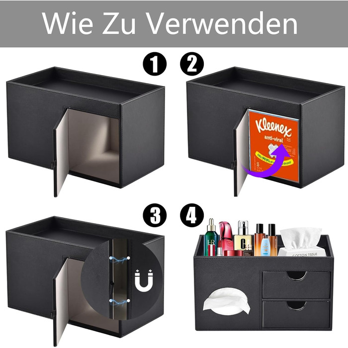 Tissue Box Linen with Drawers, Square Cosmetic Tissue Box with Magnetic Closure, Tissue Box with Side Pocket for Cell Phones, Cosmetic Brushes, Remote Controls, Office Supplies, Perfumes (Black)