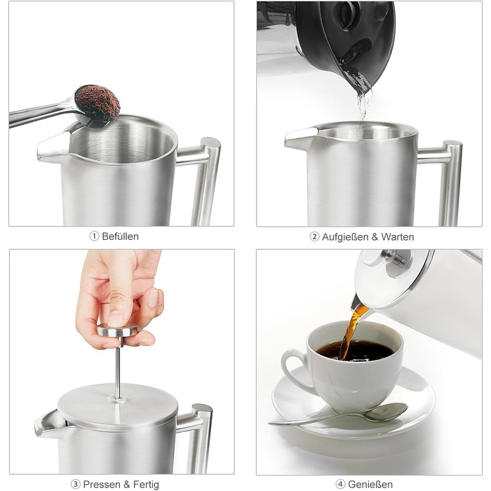 Френч-прес для кави 1л з нержавіючої сталі, термоізольований, з подвійними стінками та 5 фільтрами