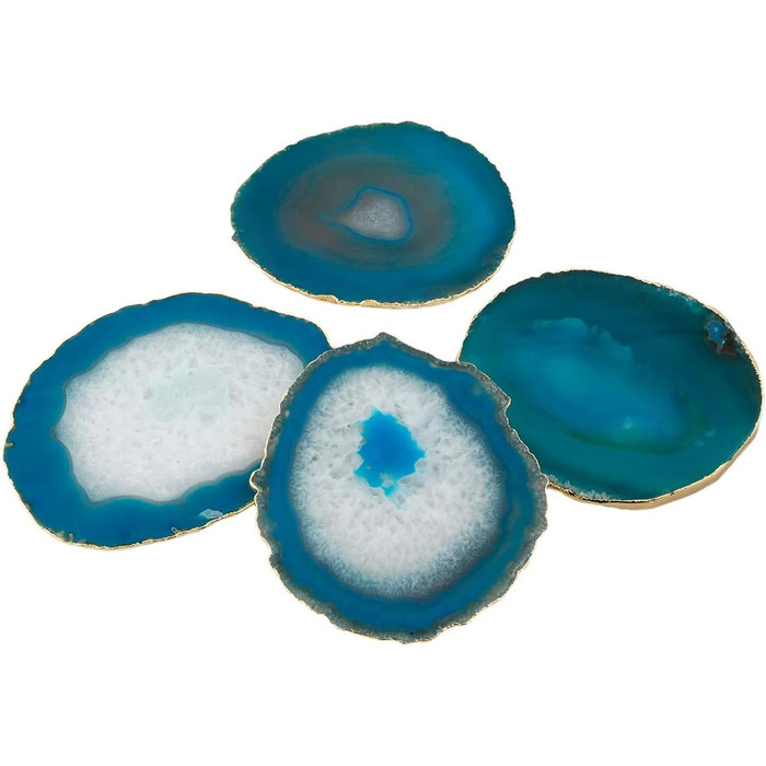 mookaitedecor Polished Natural Geode Agate Slices Coasters Set (2 Pieces), Decorative Stone Coasters for Glasses, Cups, Vases, Candles, Serving Plates, Name Cards for Wedding (Blue-Gold Rimmed)