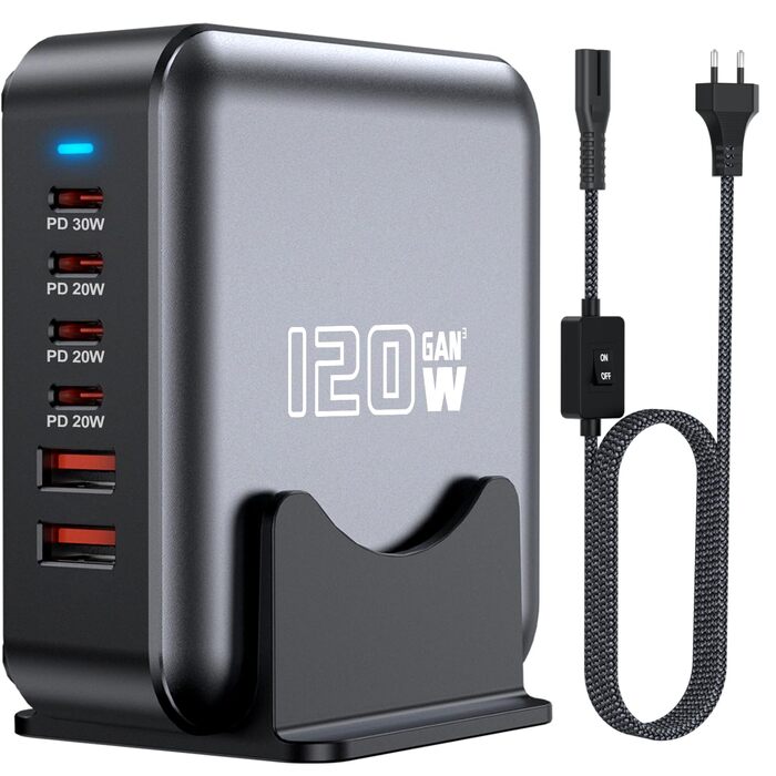 Швидкий зарядний пристрій USB-C GaN Hub 120W, 6 портів для iPad, iPhone 17/16/15/14/13/12 Pro Max, Samsung Galaxy S23 - Сірий