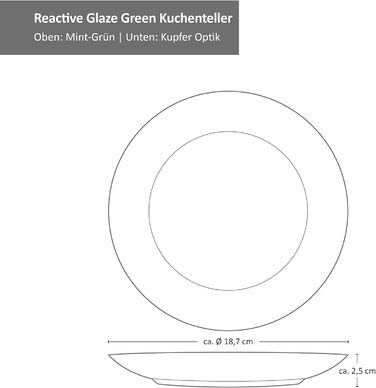 Кавовий сервіс MamboCat Reactive Glaze Green 18 предметів на 6 осіб м'ятного кольору | Столовий посуд з каменної глини з мідним декором
