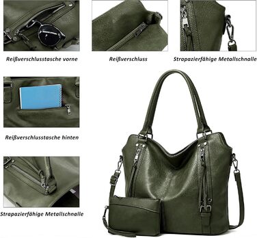 Сумка жіноча TANTOMI елегантна вінтажна, велика сумка-шопер через плече з м'якого матеріалу, знімний ремінець, темно-зелена