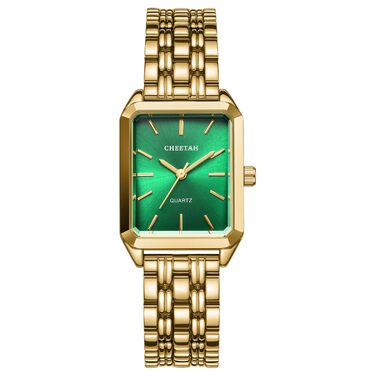 Жіночий наручний годинник CHEETAH Vintage Quartz — золотистий прямокутний корпус, сталевий браслет, водонепроникний (Золото/Зелений)