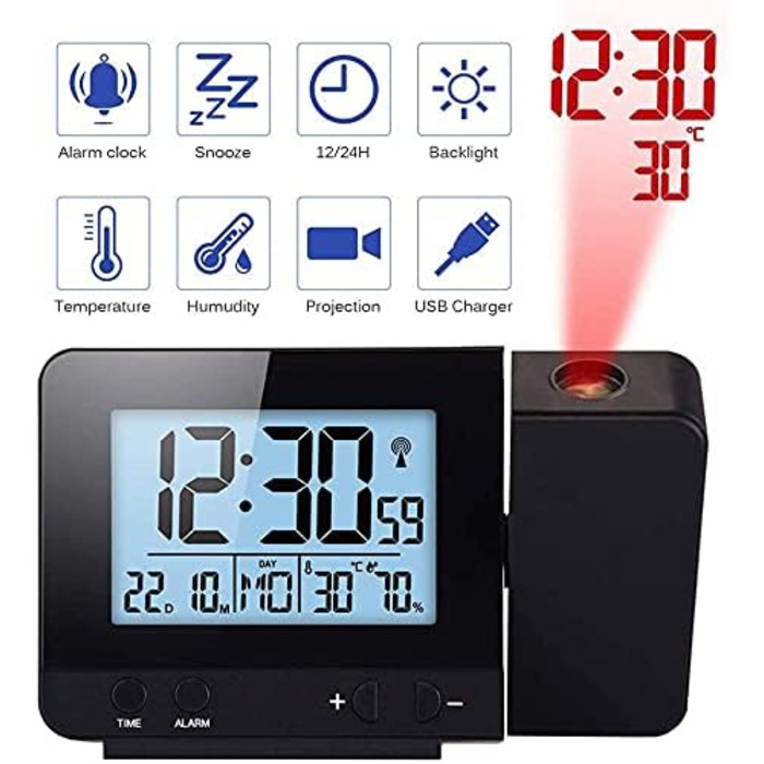 Projection Alarm Clock Digital Clock with Time, Temperature Projection, Dual Alarm, Humidity, Snooze, Timer, Calendar, USB Port (Black)