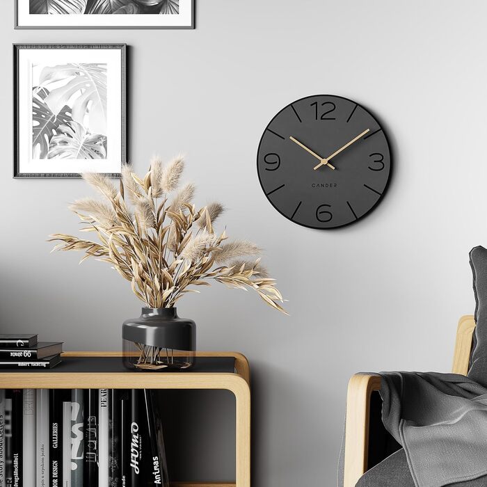 Cander Berlin MNU 2630 Y Wall Clock Silent, No Ticking, 30 cm, Analog, Living Room, Modern, Vintage, Grey, Black, Wooden Hands