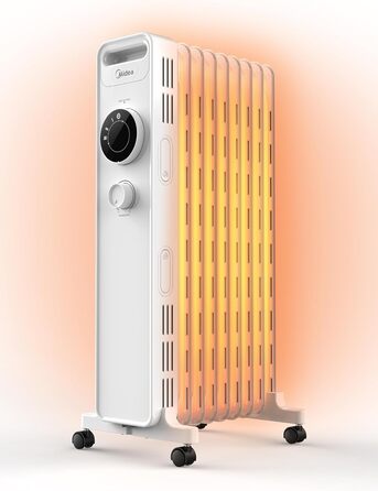 Масляний радіатор Midea NY2009-22M 2000Вт, 9 секцій, економний, тихий, електрообігрівач з термостатом, 3 режими, захист від перегріву та перекидання, ECO-режим, швидкий нагрів, портативний, білий
