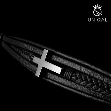 Браслет шкіряний чоловічий UNIQAL 'HEAVEN' з хрестом, магнітний замок, срібний, 21 см + подовжувач, в подарунковій коробці