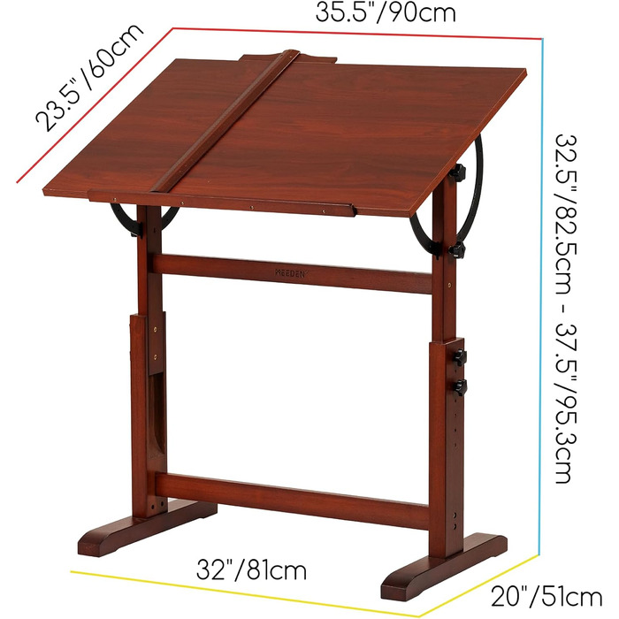 MEEDEN Vintage Wooden Art Drafting Table with Adjustable Height & Stool - 96 x 60cm