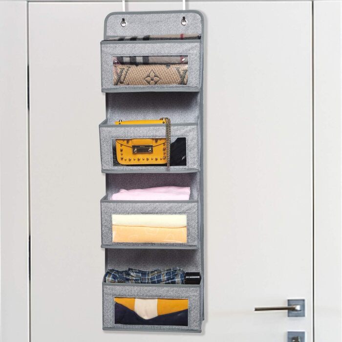 Настінна полиця-органайзер BrilliantJo з тканини, 4 великі кишені, 2 гачки, сірий колір, для ванної, дитячої кімнати, вітальні, спальні