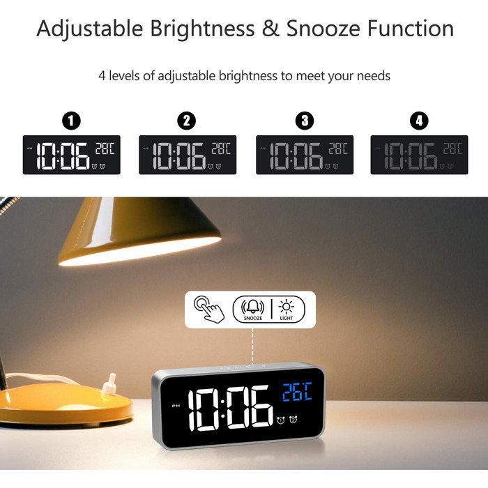 Цифровий годинник MOSUO з LED-дисплеєм, USB-зарядка, показник температури, голосове керування, 2 будильники, регулювання яскравості та гучності, срібний