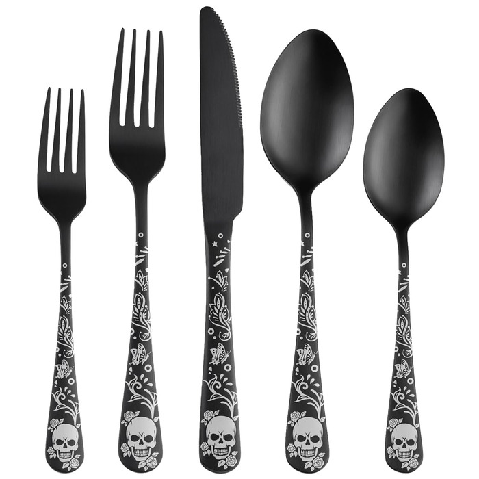 Набір столових приборів XIAOYU з черепами, готичний, з нержавіючої сталі на 4 особи. Хелловінський дизайн (5 предметів)