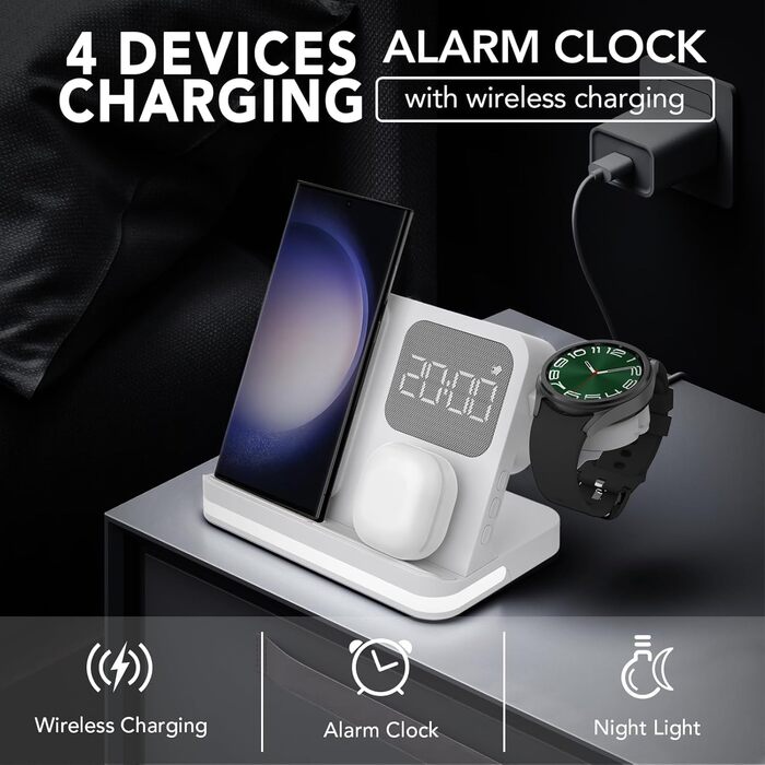 Бездротовий зарядний пристрій 4-в-1 з будильником, сумісний з Samsung Galaxy (Watch, Buds, Fold, Flip, S-серія)