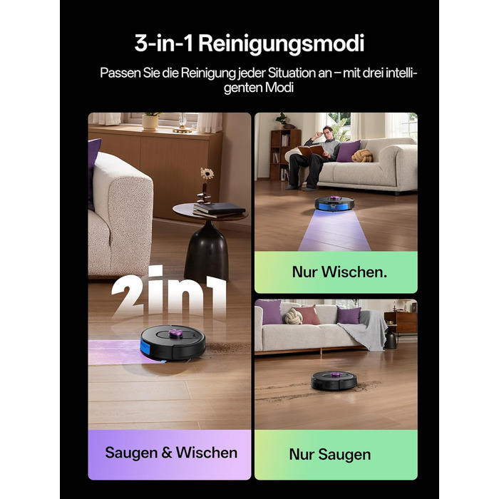 Робот-пилосос Vexilar з функцією миття підлоги, 8000Pa, LiDAR-навігація, 150 хв роботи, 15 зон заборони, керування через додаток, для шерсті тварин та килимів (W15)