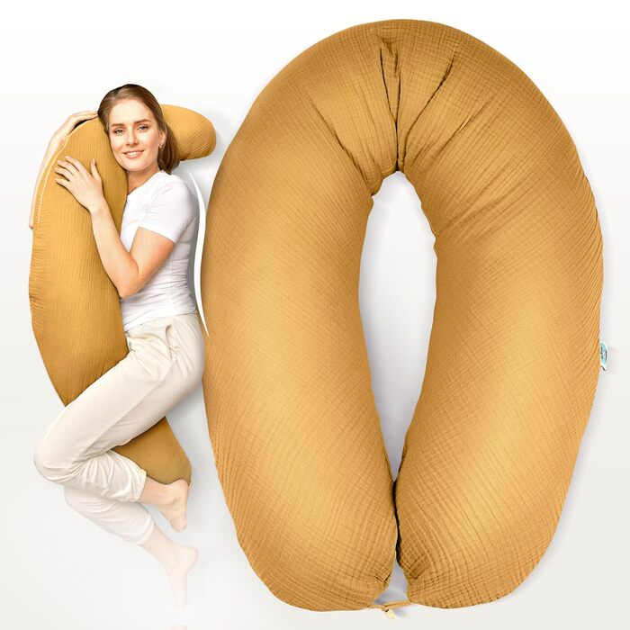Подушка для годування sei Design XXL 190x30 з мусліновою наволочкою, ергономічна, для вагітних, для сну на боці, комфортна подушка для дорослих, наволочка з 100% бавовни [органічна бавовна] (Муслін Бернштайн, подушка для годування 190x30)