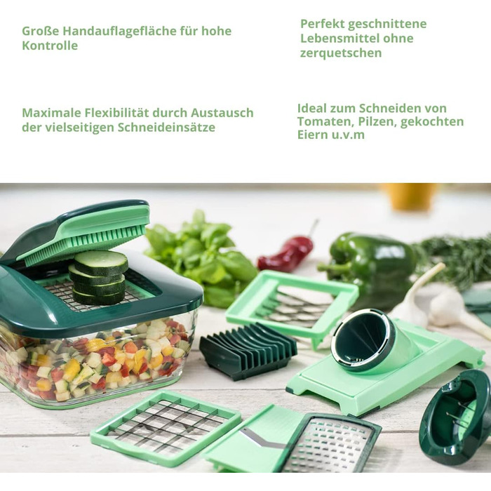 Genius Nicer Dicer Chef Deluxe XXL 37-Piece Set with Glass Bowl Set, Tomato & Vegetable Chopper & 3-in-1 Strainer Bowl - Crushes, Chops Onions, French Fry Cutter, Green