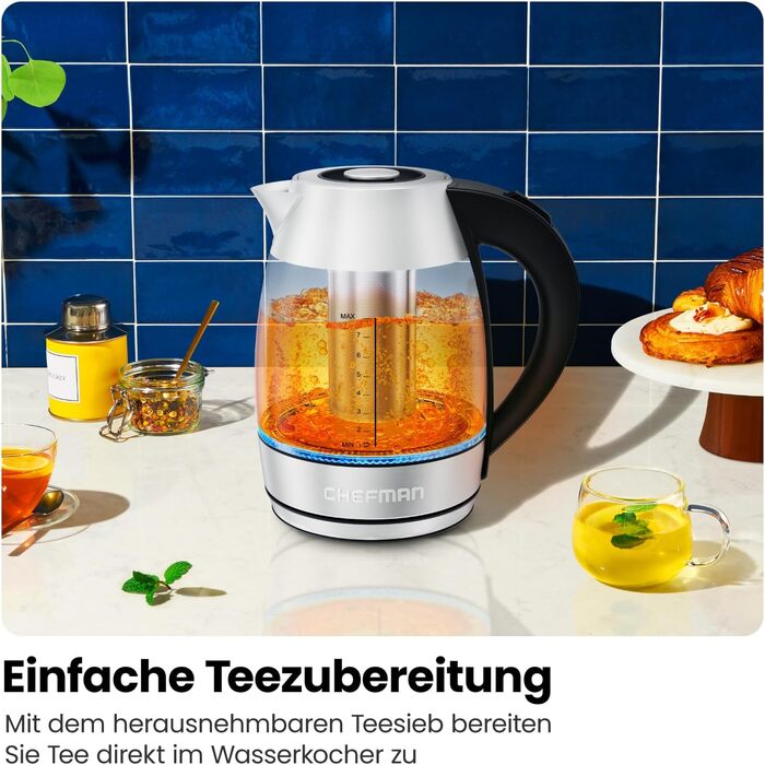 Chefman Electric Glass Kettle - 1.8L with Temperature Control, Stainless Steel, Removable Infuser, Auto Shutoff, LED Display, Silver - Tea Kettle
