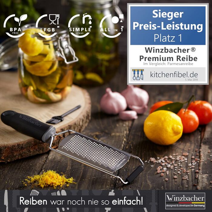 Терка Winzbacher Premium для сиру, лимона, мускатного горіха та імбиру (чорна) | Нержавіюча сталь, для посудомийної машини, з щіткою для чищення
