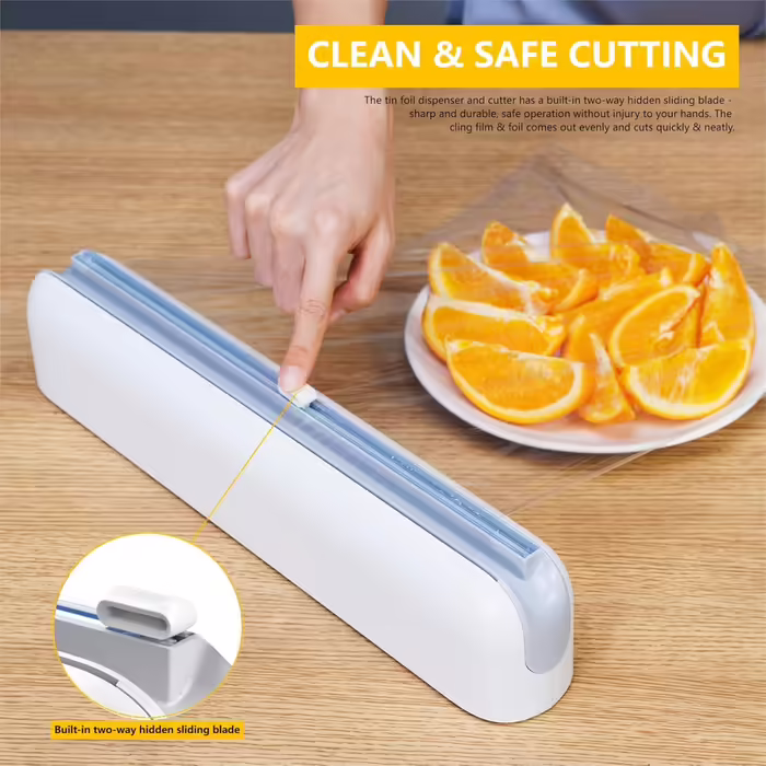 Magnetic Foil Dispenser with Cutter - Improves cling film dispensers, Practical cutter for plastic wrap & aluminum foil - Cling film roller for kitchen drawer, White