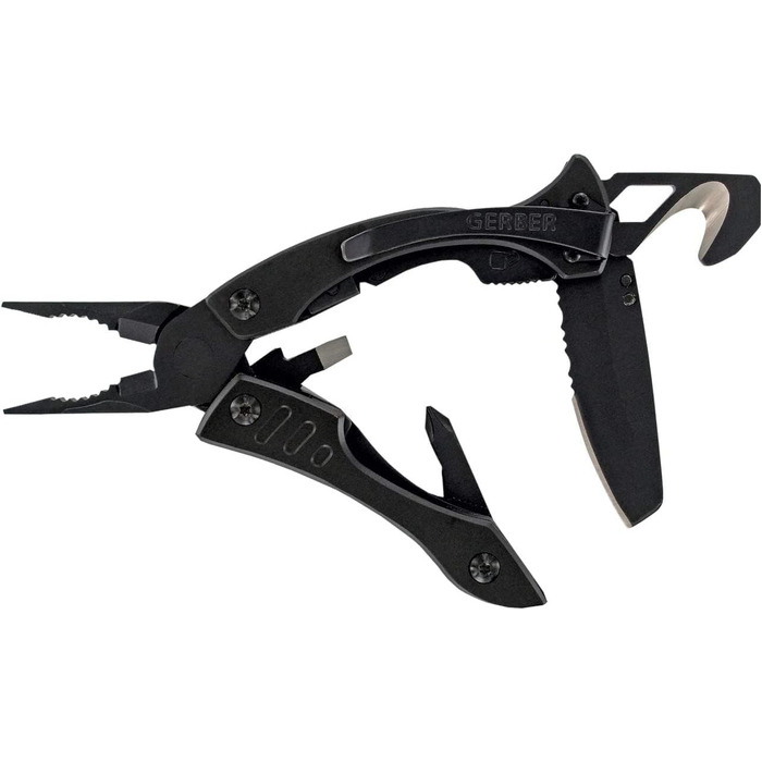 Gerber Multi-Tool with 9 functions and belt clip, Crucial, with belt cutter and liner-lock locking mechanism, open length: 9.1 cm, Black, 31-001518