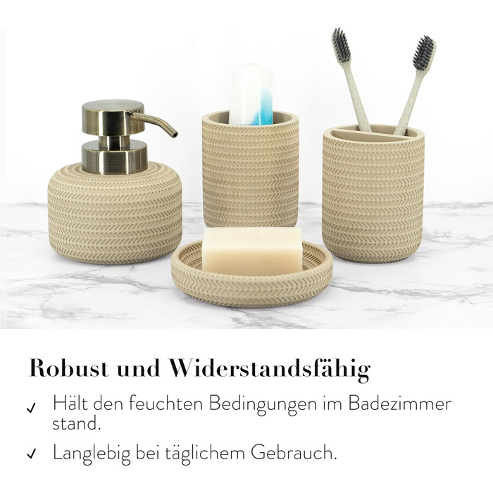 ZCCZ Bathroom Set – 4-Piece Organizer Set with Toothbrush Holder, Soap Dispenser, Cosmetic Bowl, and Cotton Swabs – Elegant Stone-Look Decor, for Modern Bathrooms (Beige 4pcs)