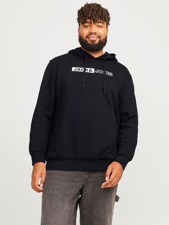 Чоловічий теплий худі з принтом JACK & JONES JJEOGO Basic — чорний, великий розмір (8XL), регулярний крій