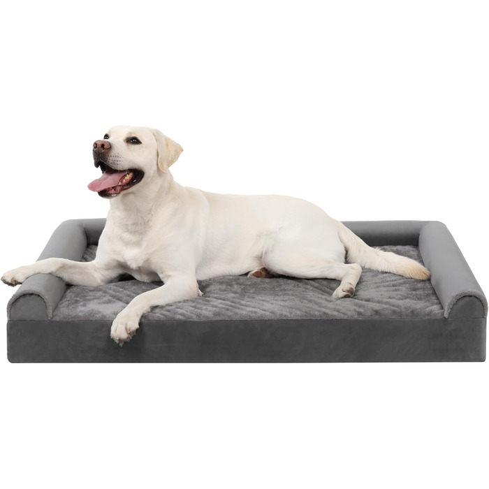 KSIIA Orthopedic Dog Bed for Large Dogs, 105x70x18cm, Removable and Washable Cover, XL Dog Couch with THREE Raised Edges, Non-Slip Bottom, Egg Crate Foam Dog Basket, (L 91 x W 68 x H 16 cm, Light Grey)