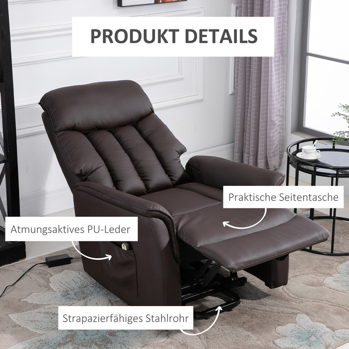 HOMCOM Electric Recliner Chair, TV Recliner with Lift Assist, Recliner with Lie-Flat Function, Faux Leather, Brown, 80 x 94 x 104 cm | Aosom