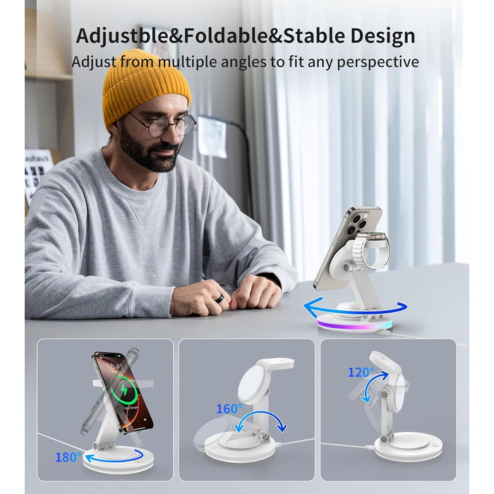 Зарядний пристрій MagSafe 3-в-1 для Apple Watch та iPhone, складний, поворотний з регулюванням світла, бездротовий зарядний станція MagSafe для iPhone 16/15/14, AirPods (без адаптера)